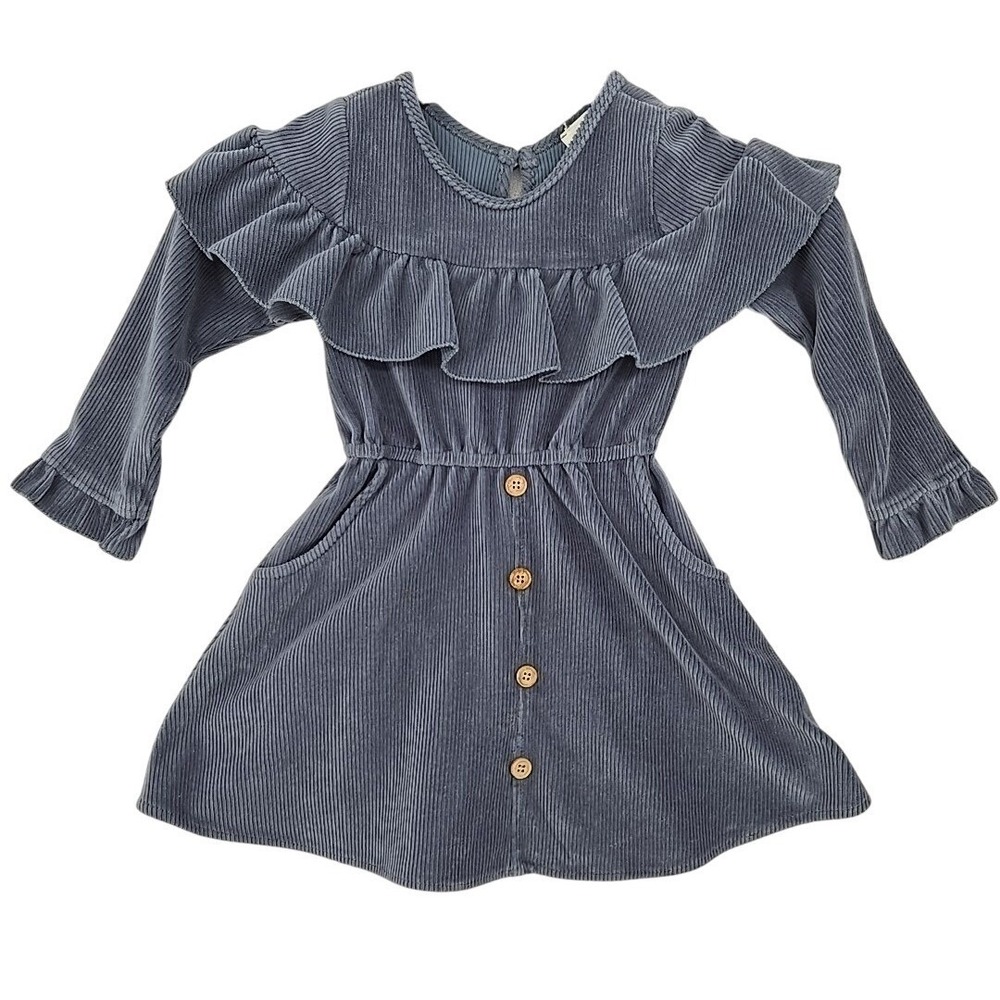 Mabel + Honey Girls Corduroy‎ Dress Blue Ruffle Button Front Long Sleeve Size 4